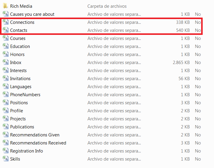 lista de archivos csv de LinkedIn